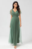 A-Line V Neck Eucalyptus Long Bridesmaid Dress with Beading