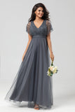 A-Line V Neck Eucalyptus Long Bridesmaid Dress with Beading