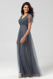 A-Line V Neck Eucalyptus Long Bridesmaid Dress with Beading