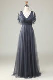 A-Line V Neck Eucalyptus Long Bridesmaid Dress with Beading