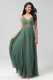 A Line V Neck Eucalyptus Long Bridesmaid Dress with Beading