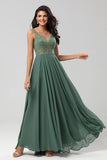 A Line V Neck Eucalyptus Long Bridesmaid Dress with Beading