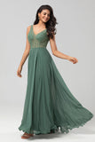 A Line V Neck Eucalyptus Long Bridesmaid Dress with Beading