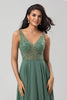 Load image into Gallery viewer, A Line V Neck Eucalyptus Long Bridesmaid Dress with Beading