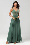 A Line V Neck Eucalyptus Long Bridesmaid Dress with Beading