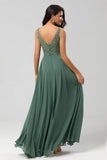 A Line V Neck Eucalyptus Long Bridesmaid Dress with Beading