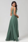 A Line V Neck Eucalyptus Long Bridesmaid Dress with Beading