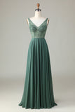 A Line V Neck Eucalyptus Long Bridesmaid Dress with Beading