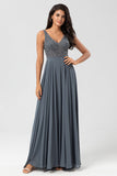 A Line V Neck Eucalyptus Long Bridesmaid Dress with Beading