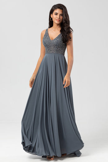 A Line V Neck Eucalyptus Long Bridesmaid Dress with Beading