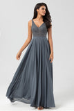 A Line V Neck Eucalyptus Long Bridesmaid Dress with Beading