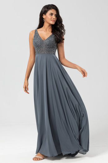 A Line V Neck Eucalyptus Long Bridesmaid Dress with Beading