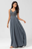 A Line V Neck Eucalyptus Long Bridesmaid Dress with Beading