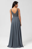 A Line V Neck Eucalyptus Long Bridesmaid Dress with Beading