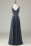 A Line V Neck Eucalyptus Long Bridesmaid Dress with Beading