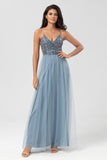 A Line Spaghetti Straps Dusty Blue Long Bridesmaid Dress with Beading