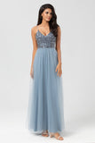 A Line Spaghetti Straps Dusty Blue Long Bridesmaid Dress with Beading