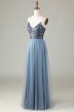 Beaded Spaghetti Straps Dusty Blue Bridesmaid Dress