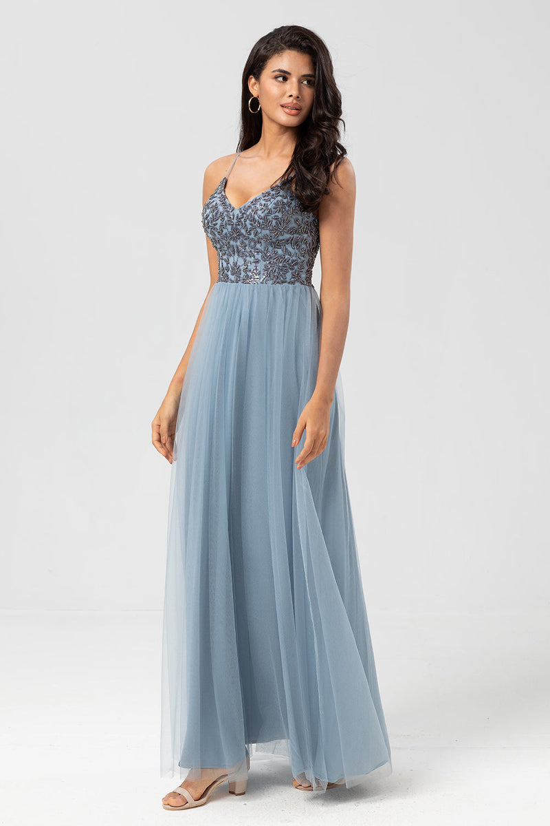 Load image into Gallery viewer, A Line Spaghetti Straps Dusty Blue Long Bridesmaid Dress with Beading