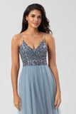 A Line Spaghetti Straps Dusty Blue Long Bridesmaid Dress with Beading