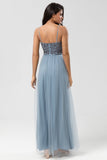 A Line Spaghetti Straps Dusty Blue Long Bridesmaid Dress with Beading