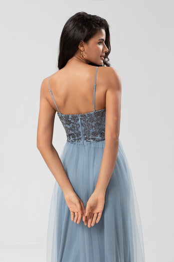 A Line Spaghetti Straps Dusty Blue Long Bridesmaid Dress with Beading