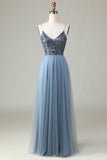 A Line Spaghetti Straps Dusty Blue Long Bridesmaid Dress with Beading