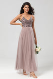 A Line Spaghetti Straps Dusty Blue Long Bridesmaid Dress with Beading