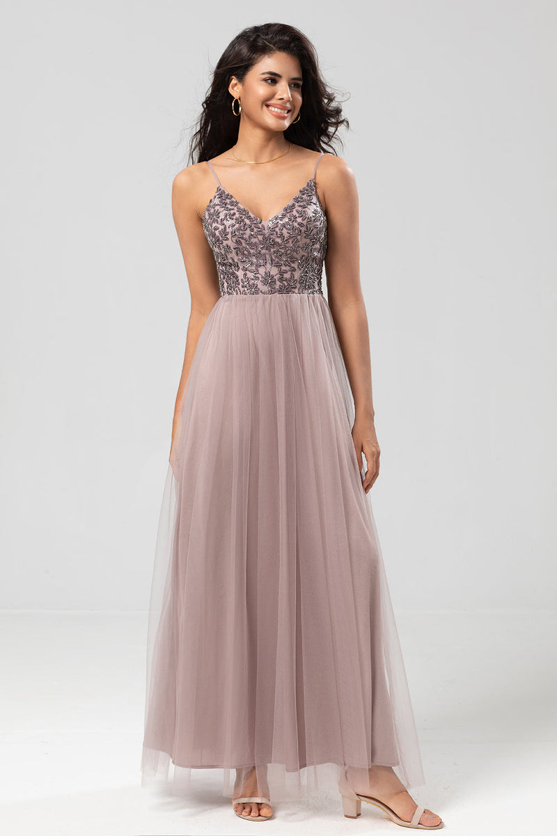 Load image into Gallery viewer, A Line Spaghetti Straps Dusty Blue Long Bridesmaid Dress with Beading