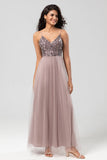 A Line Spaghetti Straps Dusty Blue Long Bridesmaid Dress with Beading