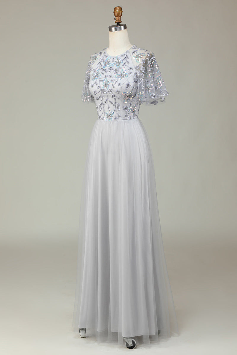 Load image into Gallery viewer, A-Line Tulle Beaded Long Grey Bridesmaid Dress with Appliques
