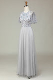 A-Line Tulle Beaded Long Grey Bridesmaid Dress with Appliques