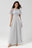 A-Line Jewel Neck Grey Long Bridesmaid Dress with Short Sleeves