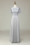 A-Line Jewel Neck Grey Long Bridesmaid Dress with Short Sleeves