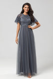 A-Line Jewel Neck Grey Long Bridesmaid Dress with Short Sleeves