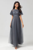 A-Line Jewel Neck Grey Long Bridesmaid Dress with Short Sleeves