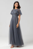 A-Line Jewel Neck Grey Long Bridesmaid Dress with Short Sleeves