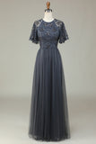 A-Line Jewel Neck Grey Long Bridesmaid Dress with Short Sleeves