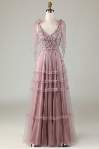 Tulle V-Neck Dusty Pink Bridesmaid Dress with Beading