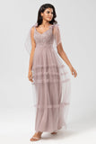 A-Line V Neck Dusty Pink Long Bridesmaid Dress with Beading