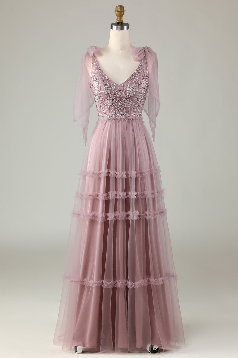 Load image into Gallery viewer, Tulle V-Neck Dusty Pink Bridesmaid Dress with Beading