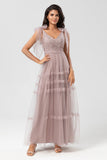 A-Line V Neck Dusty Pink Long Bridesmaid Dress with Beading
