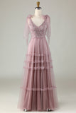 A-Line V Neck Dusty Pink Long Bridesmaid Dress with Beading