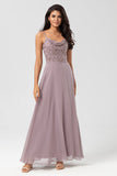 A Line Spaghetti Straps Dusty Pink Long Bridesmaid Dress with Beaded