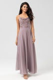 A Line Spaghetti Straps Dusty Pink Long Bridesmaid Dress with Beaded