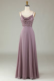 A Line Spaghetti Straps Dusty Pink Long Bridesmaid Dress with Beaded