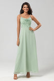 A Line Spaghetti Straps Dusty Pink Long Bridesmaid Dress with Beaded