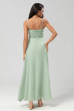 A Line Spaghetti Straps Dusty Pink Long Bridesmaid Dress with Beaded