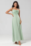 A Line Spaghetti Straps Dusty Pink Long Bridesmaid Dress with Beaded