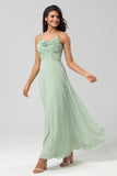 A Line Spaghetti Straps Dusty Pink Long Bridesmaid Dress with Beaded